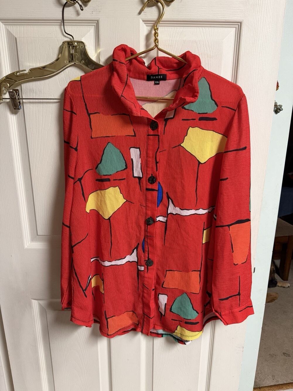 Damee Colorful Abstract Artsy Shirt Button Up Wire Collar Wearable Art 2xL 48x30